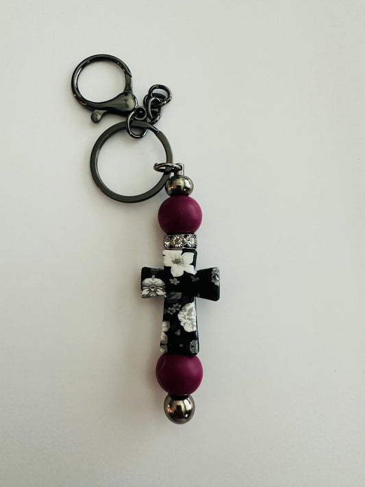 Flower Cross with burgundy beads keychain