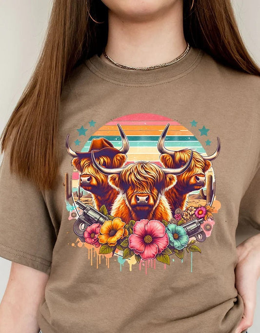 WESTERN HIGHLAND COW TRIO SHORT SLEEVE RELAXED FIT T-SHIRT