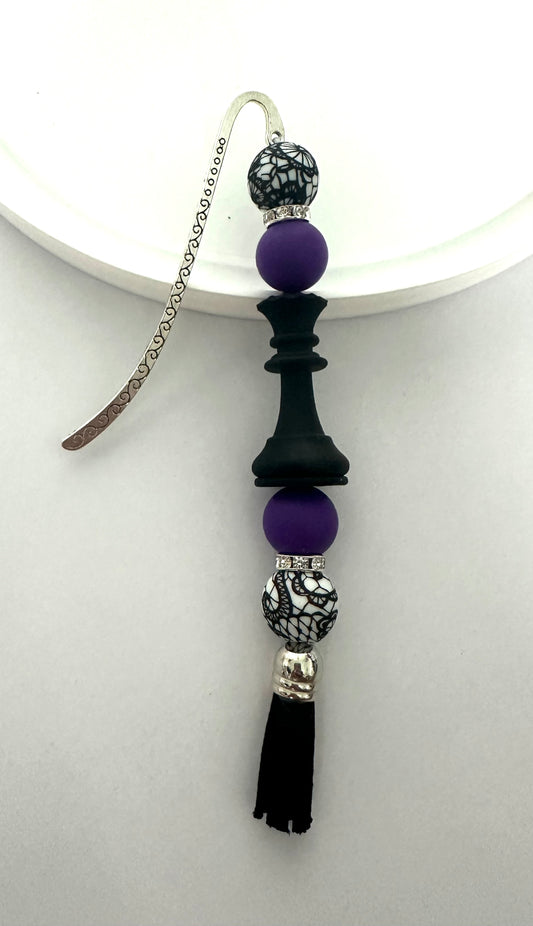 Black , White and Purple chess piece beaded bookmark