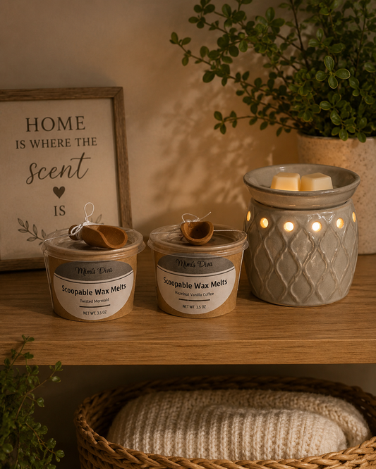Scoopable wax melts with wooden spoon