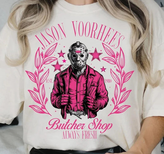 Jason Voorhees Butcher Shop DTF on White T-Shirt