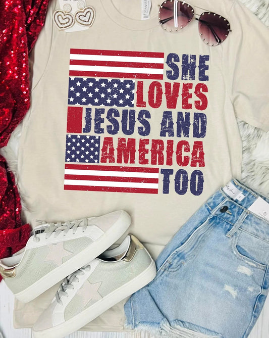 She Loves Jesus and America Too Tan Bella Tee