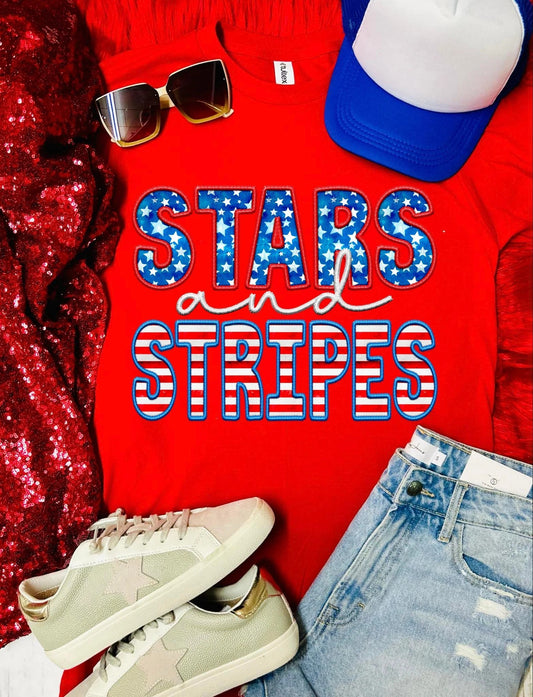 Stars and Stripes Glitter Red Tultex Tee DTF