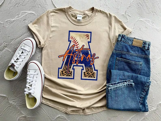 Astros A with Leopard DTF on Sand T-Shirt