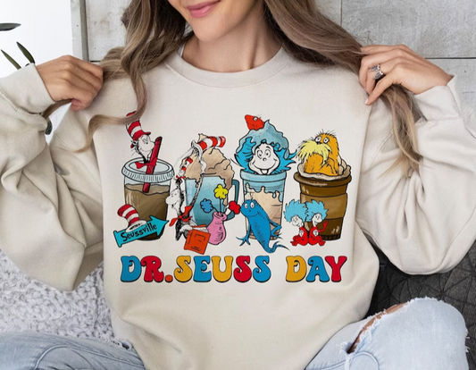 Dr.Suess Day  Coffee Cups DTF on Sand Sweatshirt