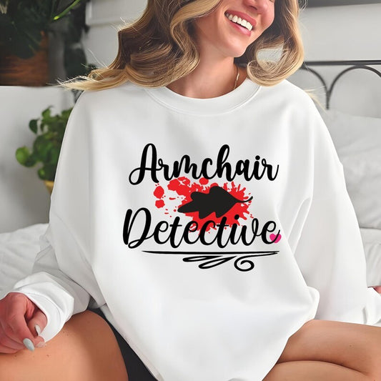 Armchair Detective DTF on White Sweatshirt