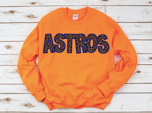 Astros Leopard DTF Print on Orange Sweatshirt