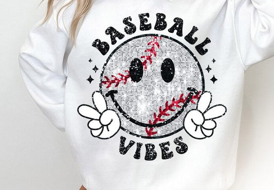 Baseball Vibes Faux Glitter DTF on White Sweatshirt