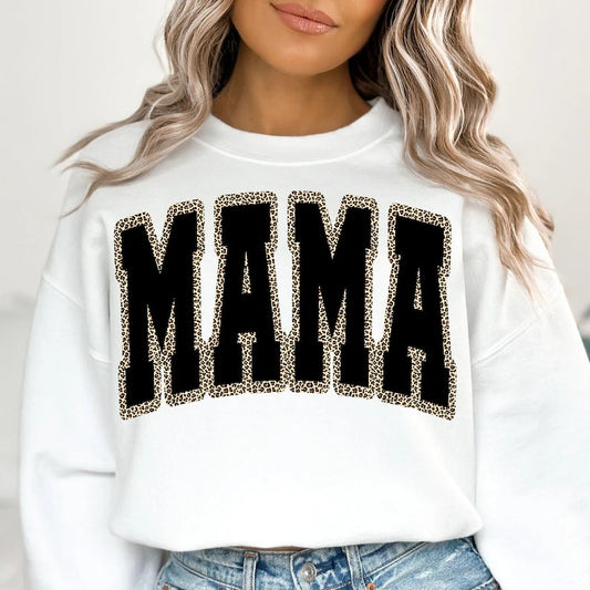 Black with Leopard Trim Mama DTF  on White Sweatshirt
