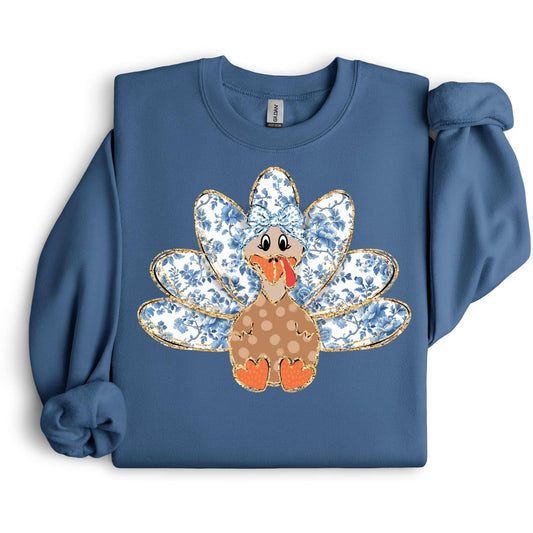 Floral Turkey Direct to Film on Indigo 50/50 Sweatshirt