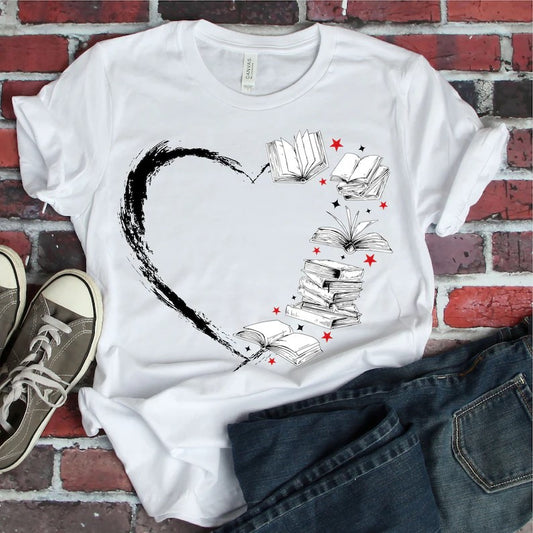 Heart with books DTF on White T-Shirt