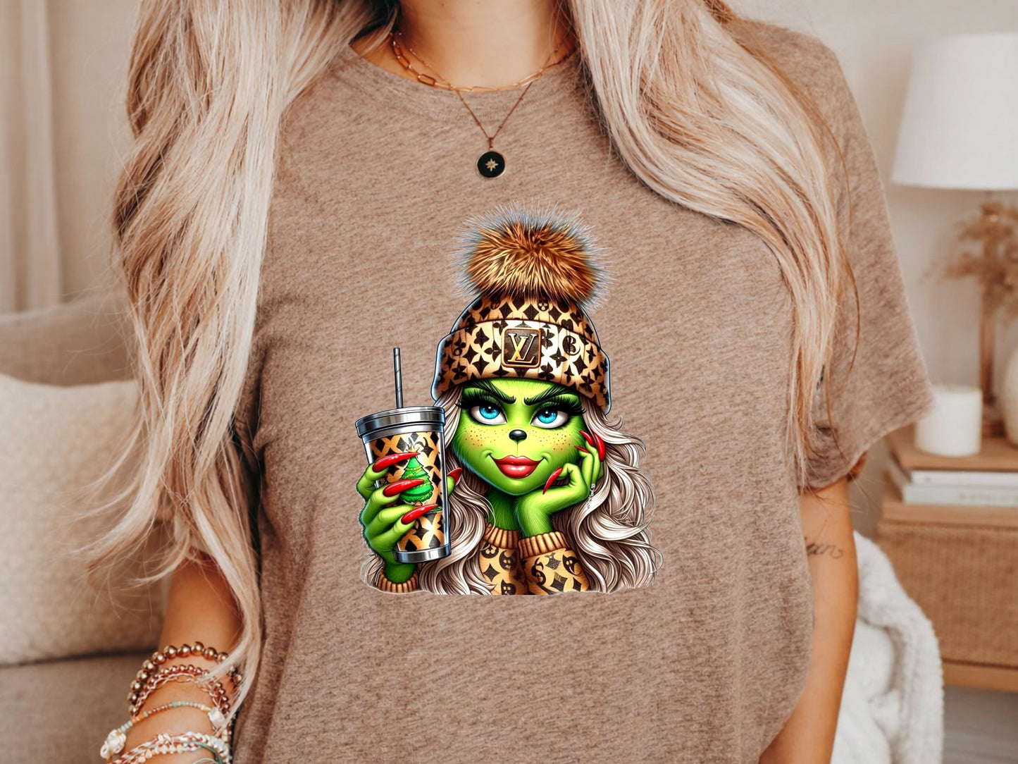 Grinch Girl with Leopard Hat and Cup PNG Digital Download Design