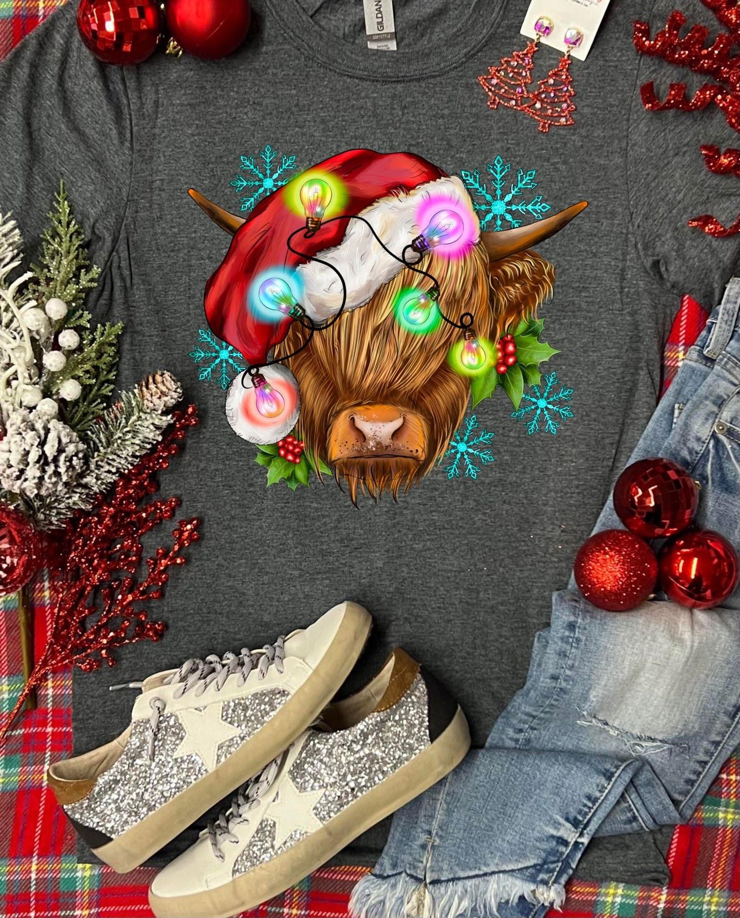 Christmas Lights Cow Highland on Graphite Heather T-Shirt