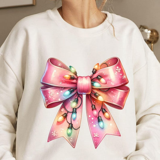 Pink Christmas Croquette Bow with Lights on White sweatshirt