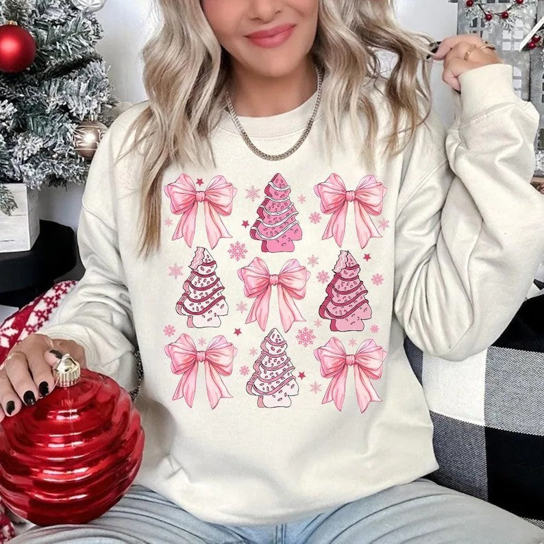 Christmas Tree Cakes and Coquette Bows on White Sweatshirt