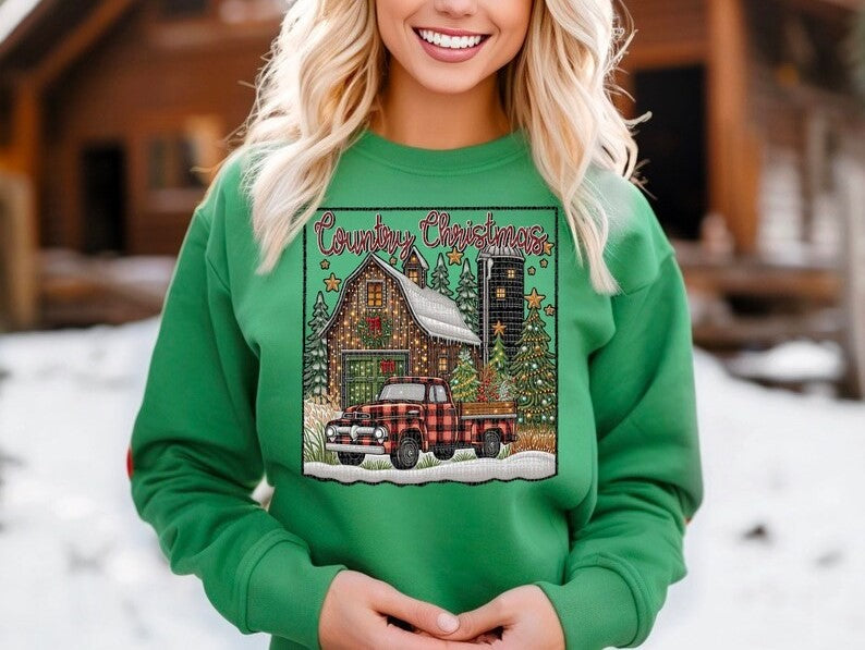 Country Christmas Direct to Film on Green Sweatshirt