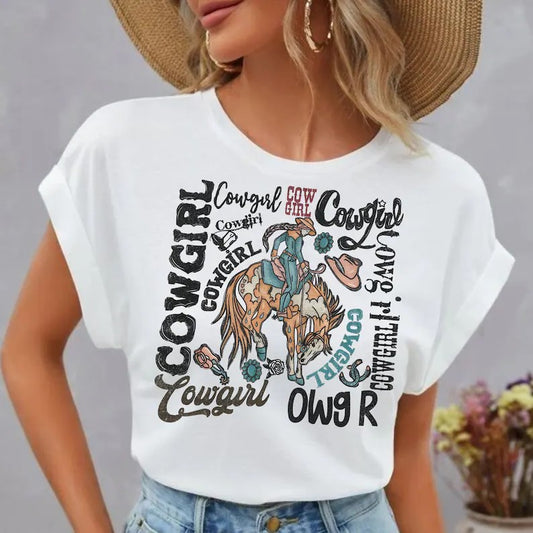 Cowgirl Cowgirl Cowgirl  DTF on White T-Shirt