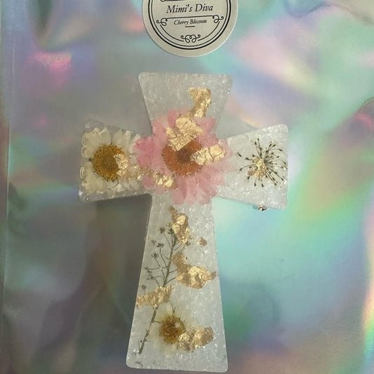 Cross with Flowers Baked inside Car hanging freshies