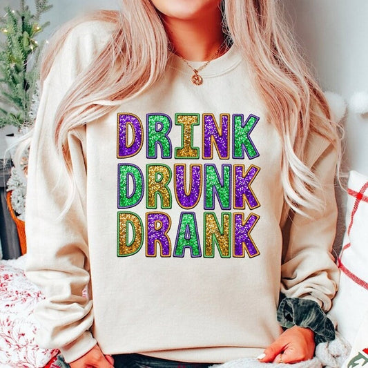 Drink Drunk Drank Mardi Gras Faux Glitter Digital PNG Download Design