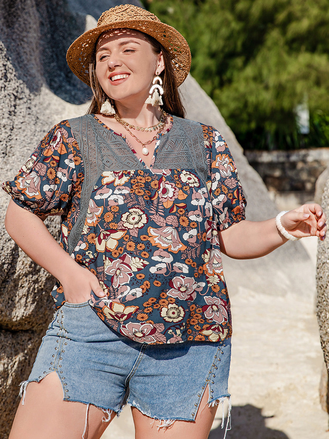 Plus Size Printed Notched Half Sleeve Blouse
