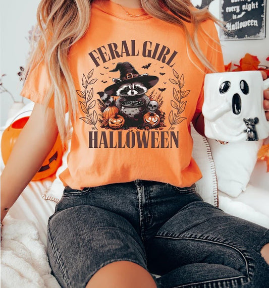 Feral Girl Halloween DTF on Orange Gildan T-Shirt