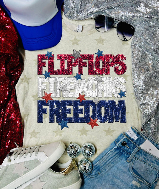 Flip Flops Fireworks Freedom Natural Code Five Star Tee DTF Faux Glitter