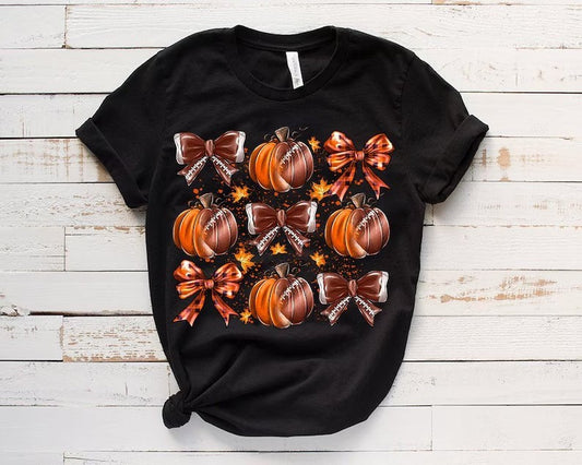 Football Pumpkins Coquette Bows Direct to Film on Black T-Shirt Unisex