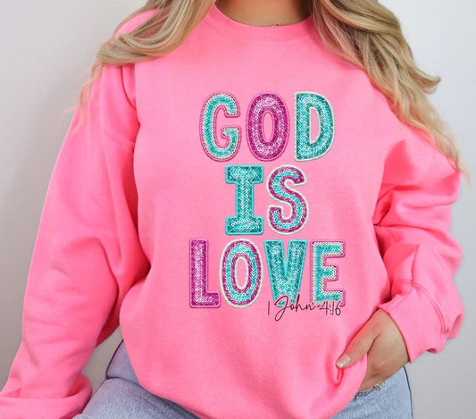 God is Love Faux Glitter DTF on Pink Sweatshirt