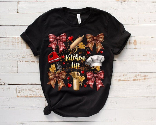 Kitchen Life Christmas Coquette Bows on Black T-Shirt