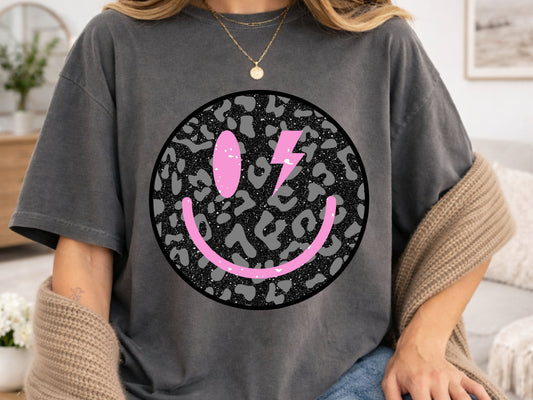 Black and Pink Leopard Happy Face PNG digital download design