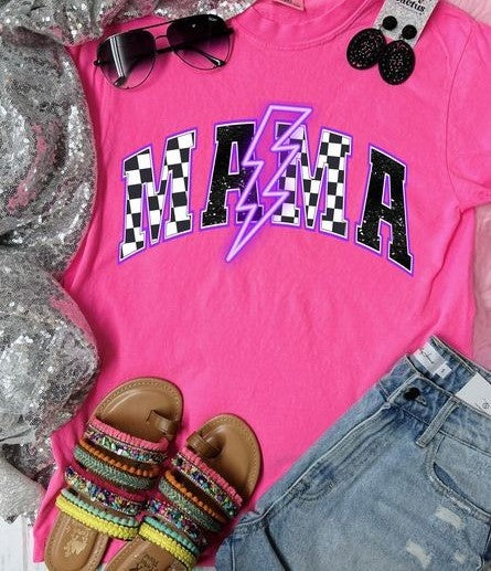 Mama Checkered  Bolt Purple Neon Pink Comfort Color Tee DTF