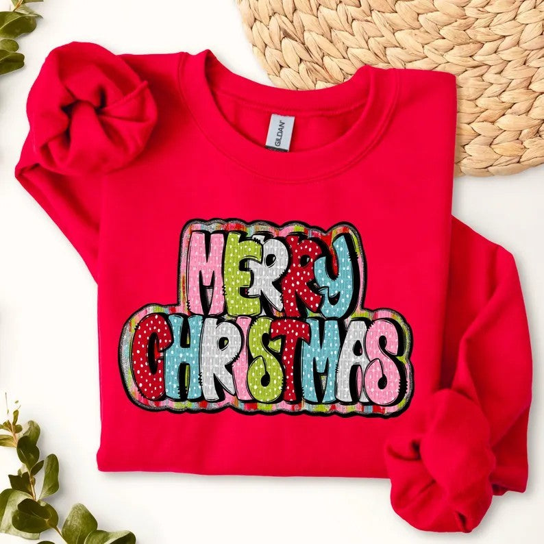 Merry Christmas in Doodle Letters on Red Sweatshirt