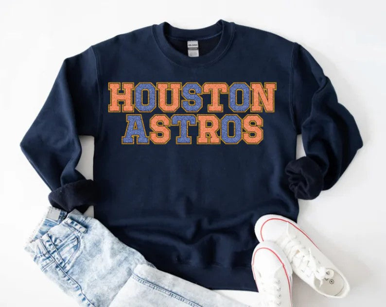 Navy Houston Astros Faux Chenille DTF on Sweatshirt