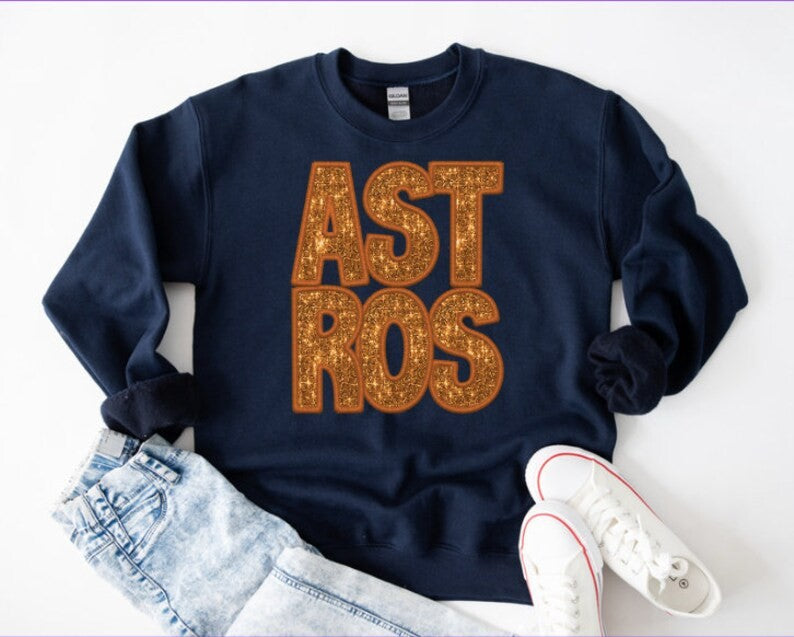 Orange Astros Faux Glitter Letters on Navy Sweat Shirt