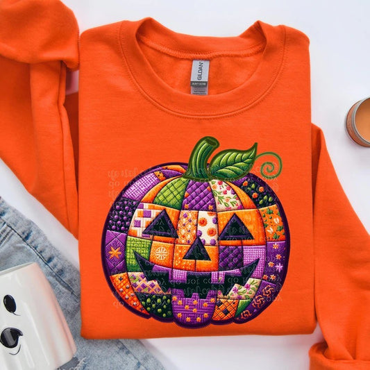 Pumpkin Patch work Faux Embroidery Direct to Film on Orange Sweatshirt