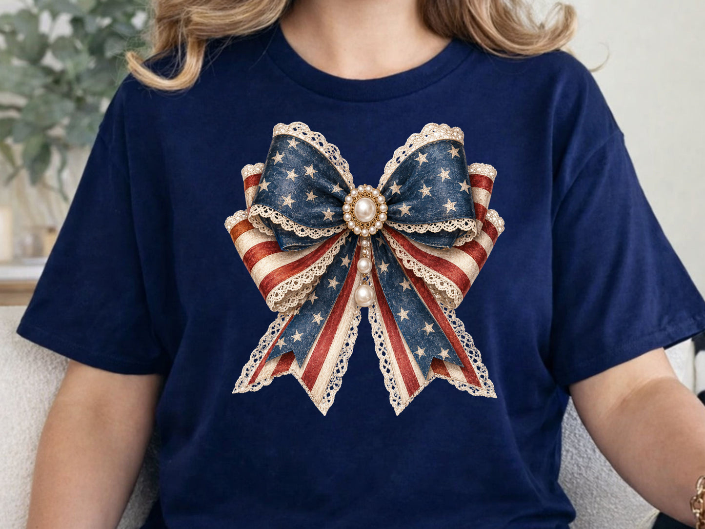 Vintage Pearl American Flag Coquette Bow PNG Digital Design