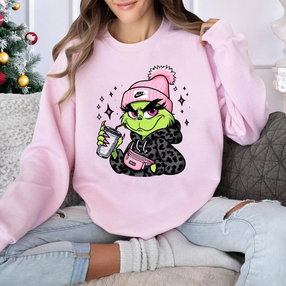 Pink Grinch Girl DTF on Pink Sweatshirt
