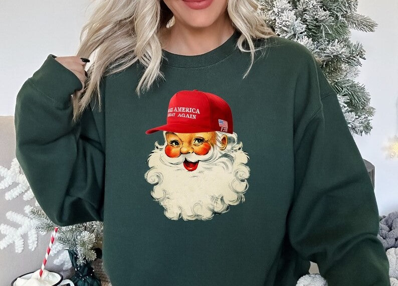 Vintage Santa with Make American Great Again Hat on Forest Green