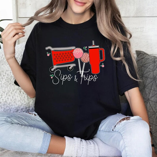 Sips and Trips DTF on Black Bella Unisex T-Shirt
