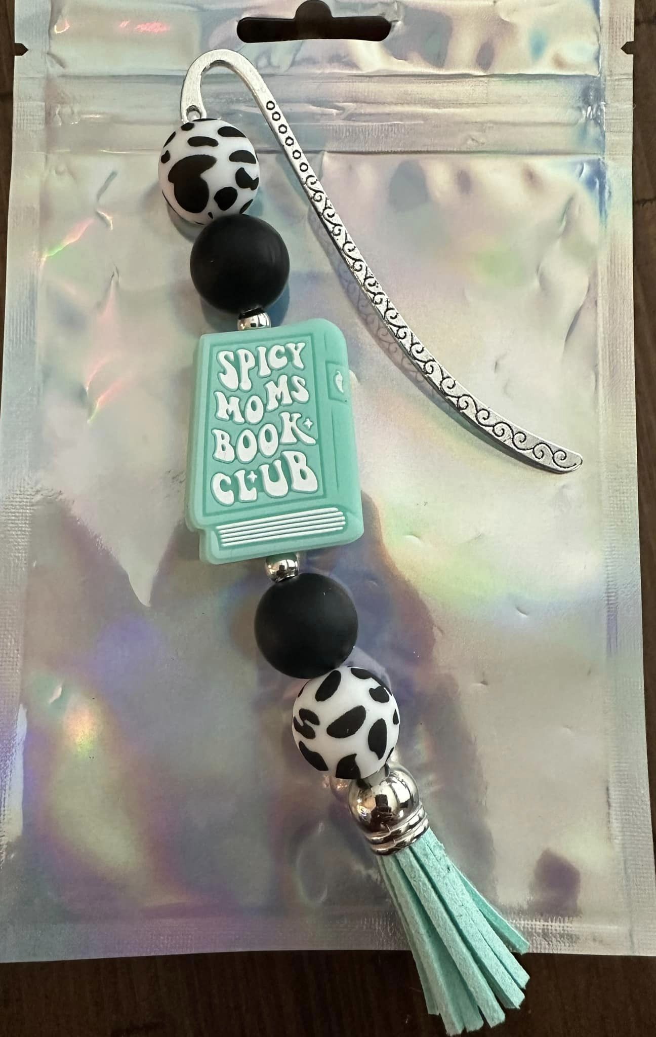 Spicy Moms Book Club Beaded Bookmark Cowprint and Black Beads