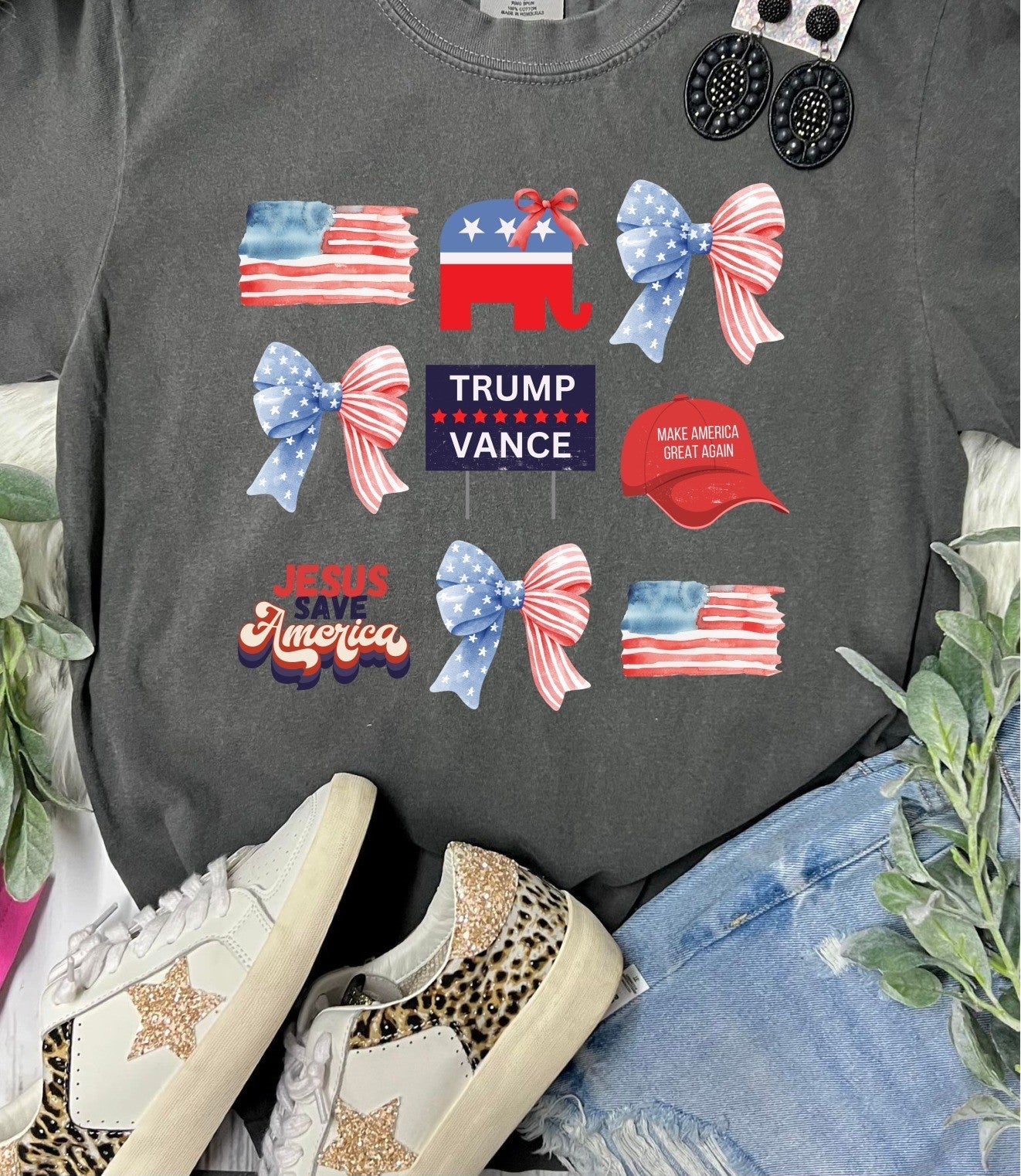 Trump Vance Coquette Bows, Flags on Pepper T-Shirt