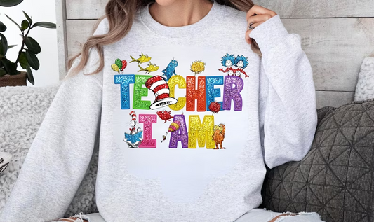 Teacher I Am  Faux Glitter DTF on Ash Sweatshirt