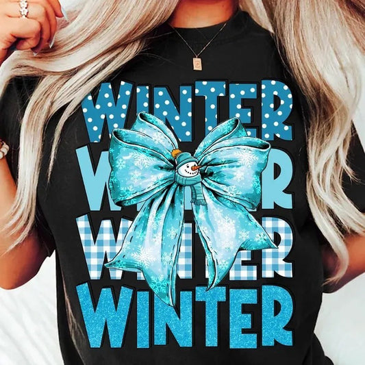 Winter Winter Snowman Coquette Bow on Black T-Shirt