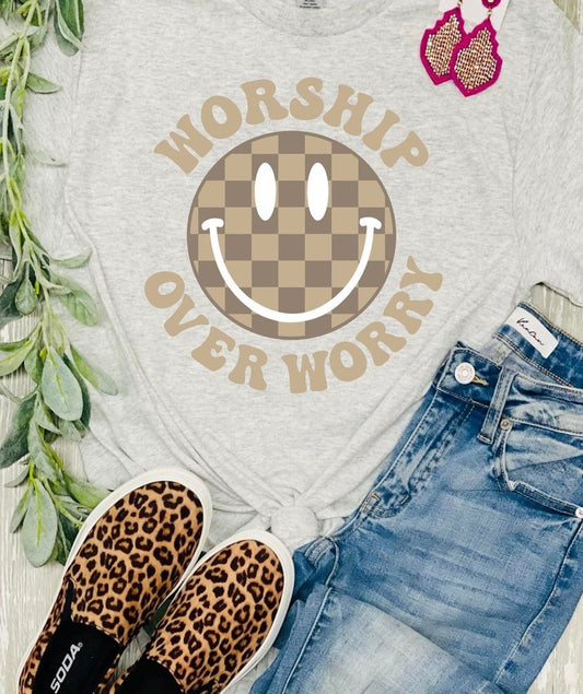 Worship over Worry checkered smiley face Digital PNG download design